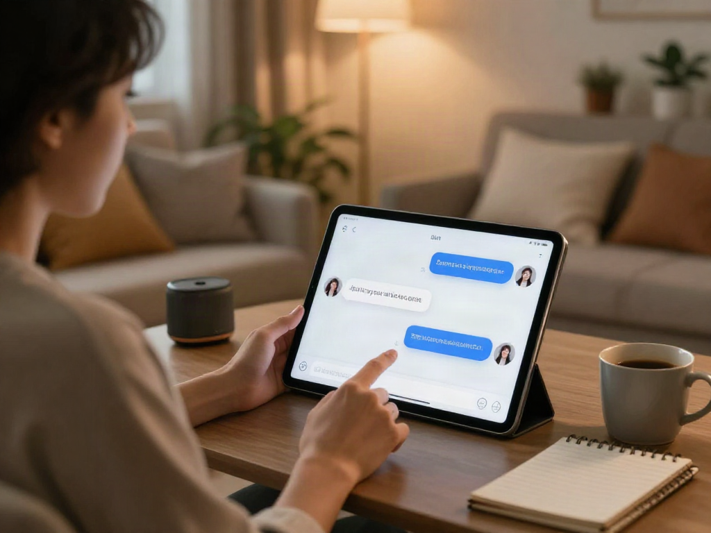 Engaging porn AI chat interaction in a cozy home environment with user on tablet.