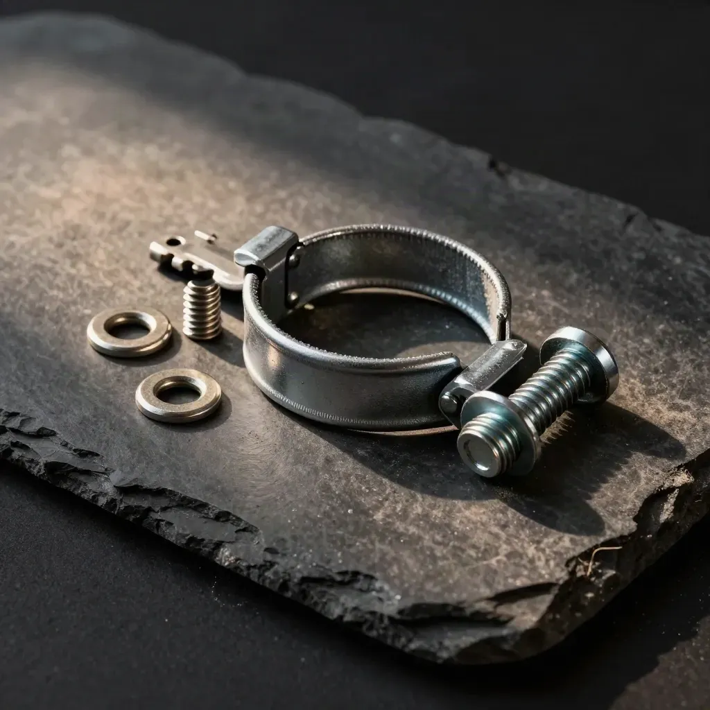 Top-down still life of rail fastening parts on dark basalt in dramatic studio light.