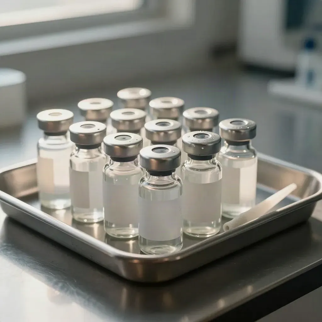 Glass vials and aluminium caps on a steel tray in a cool hazy lab.