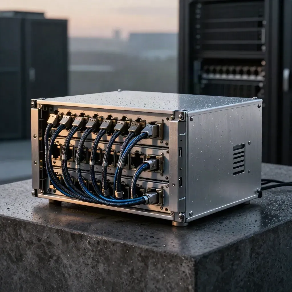 Server chassis and network cables on a wet concrete plinth with subtle blue accent light.