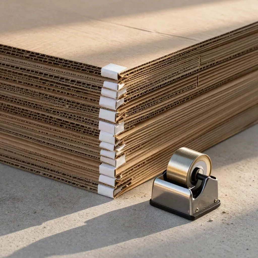 Cartons, tape dispenser, and corner protectors squared for dispatch on pale concrete.