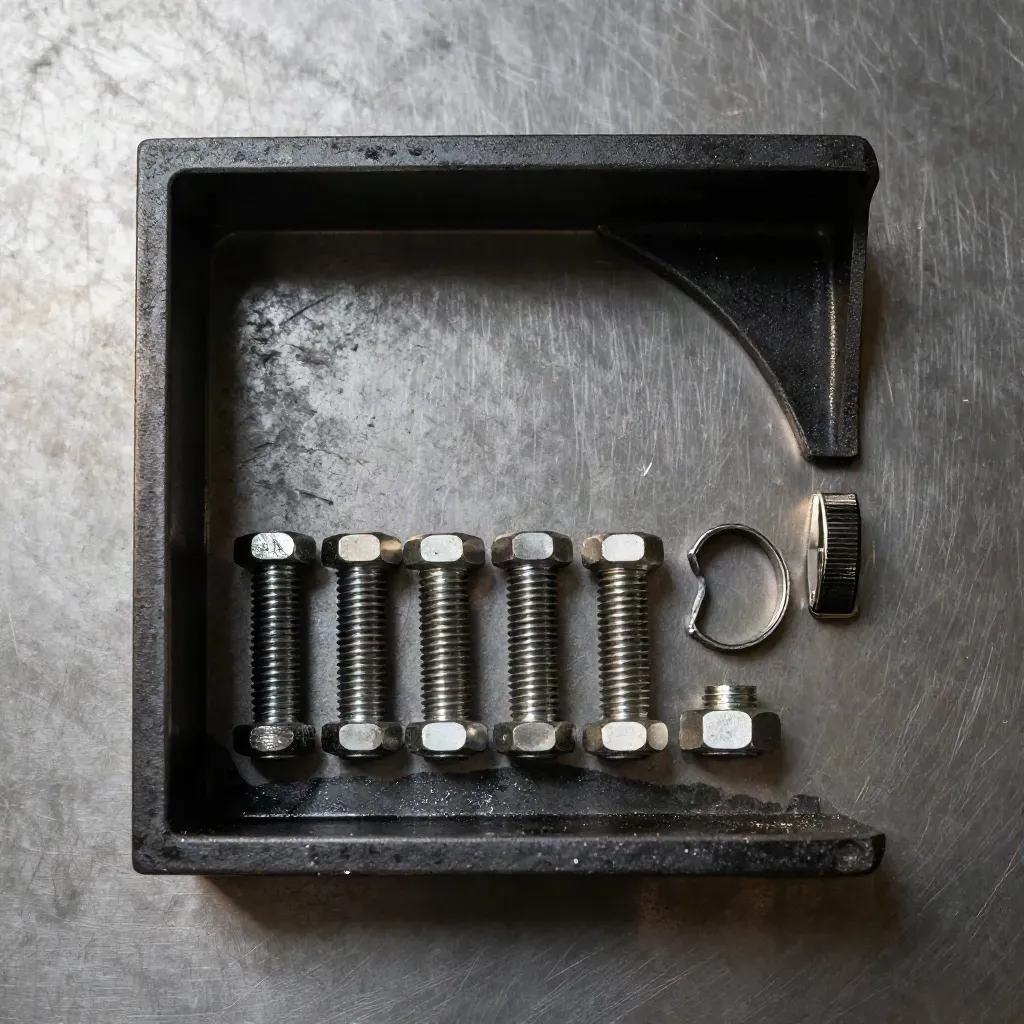Machined steel bracket, spacers, bolts and clamp ring on brushed metal under raking light.