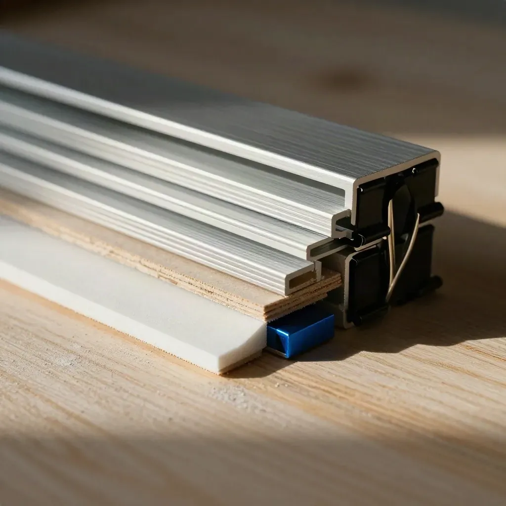 Aluminium section samples, foam offcuts and binder clips on pale wood, dramatic close-up.
