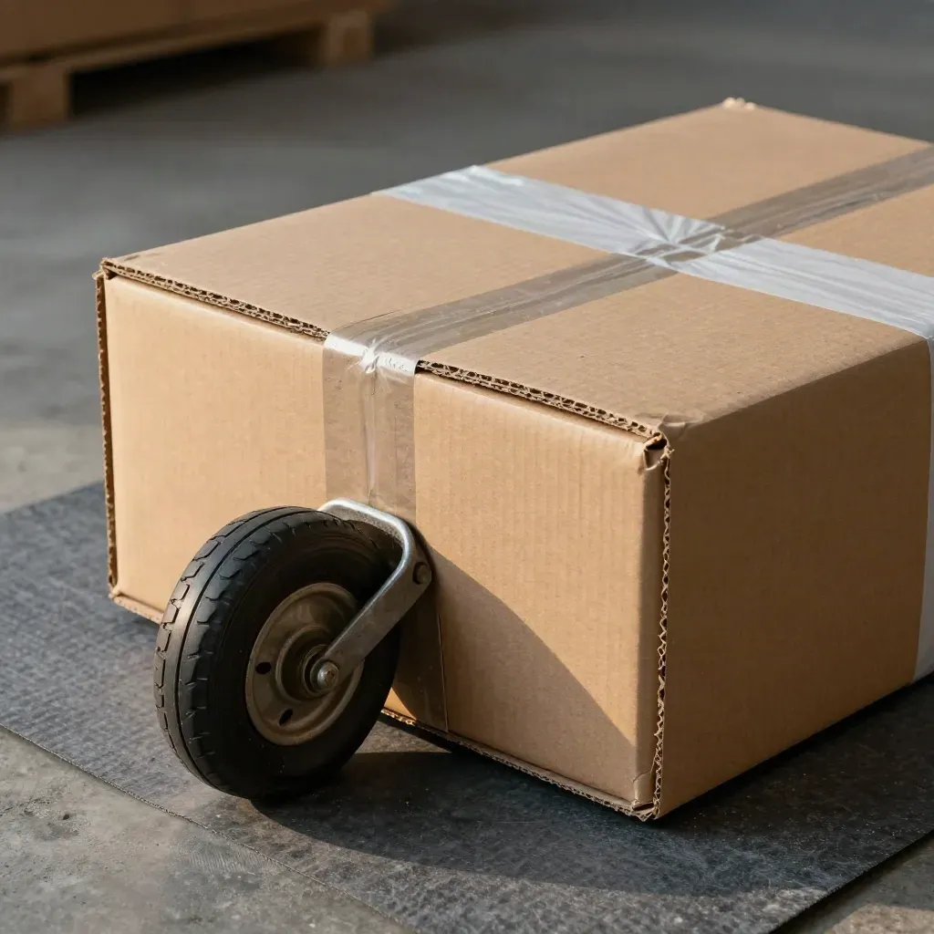 Parcel corners, hand-truck wheel and poly mailer fold on graphite felt in soft warehouse light.