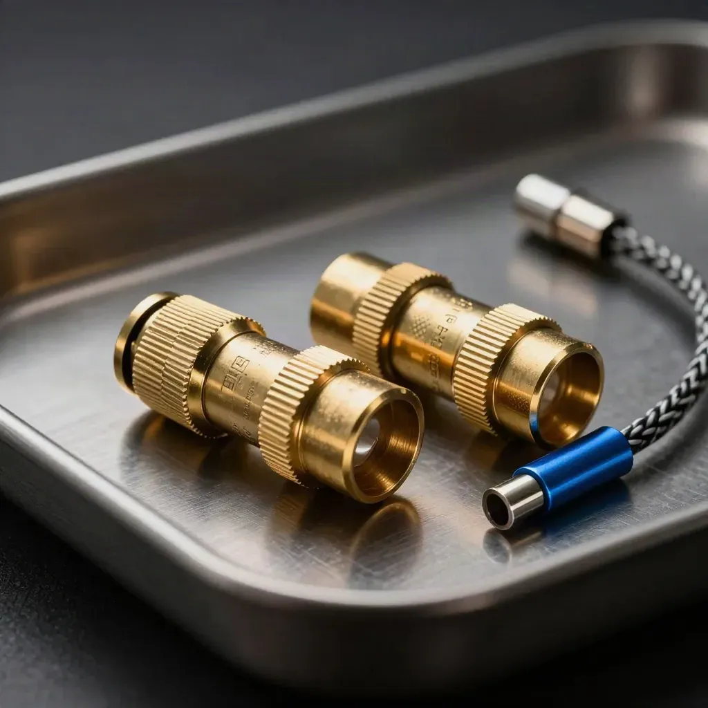 Brass quick-connect couplers with braided cable stub on graphite metal.