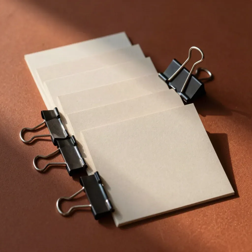 Overhead macro of divider tabs, binder clips, and blank cards on a terracotta surface.