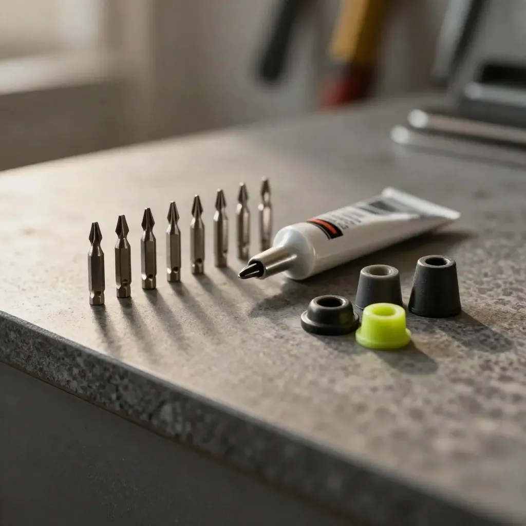 Maintenance kit with screwdriver bits, thermal paste, and lime grommets on graphite stone.