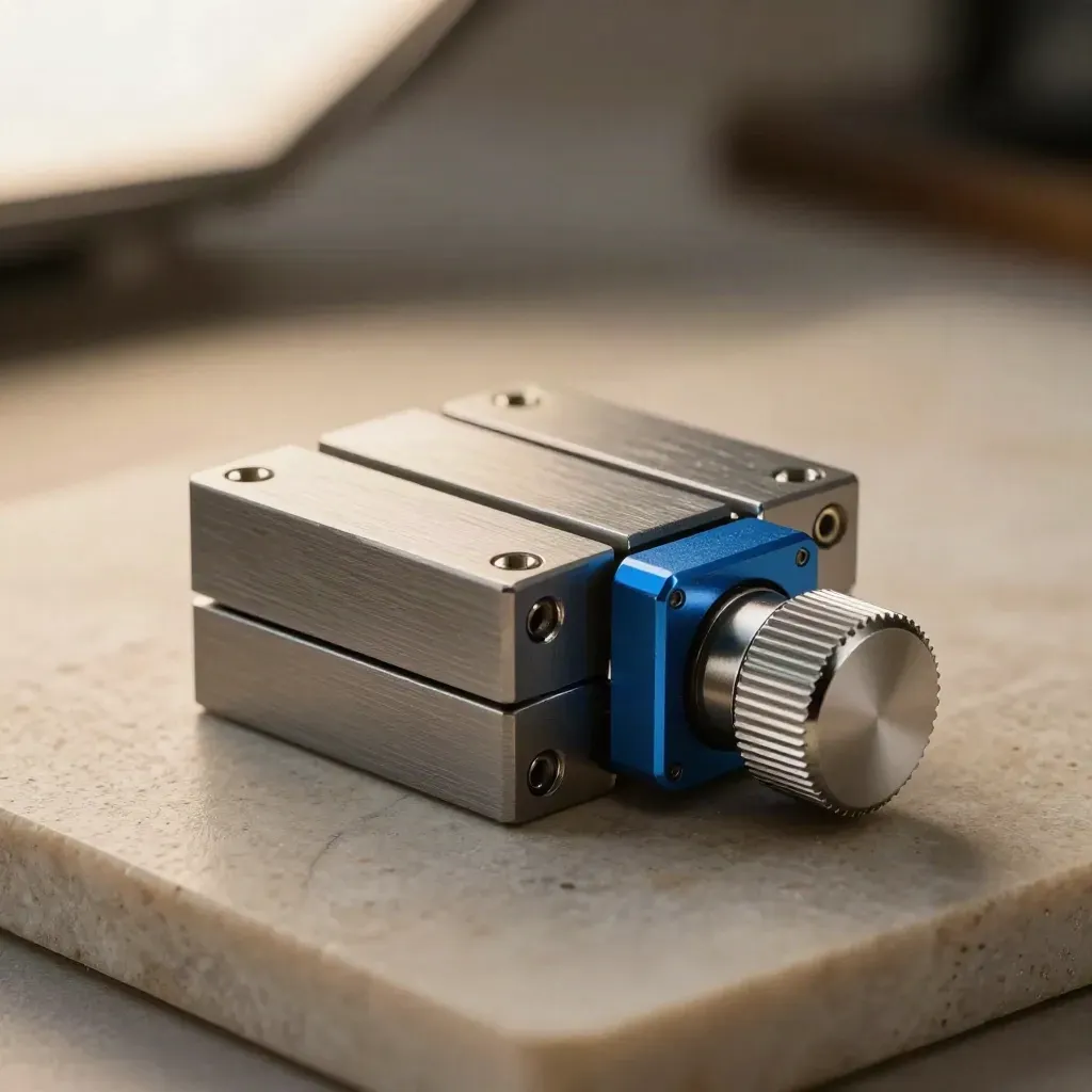 Macro still life of anodised tech blocks, magnetic connectors, and a rotary knob on limestone.