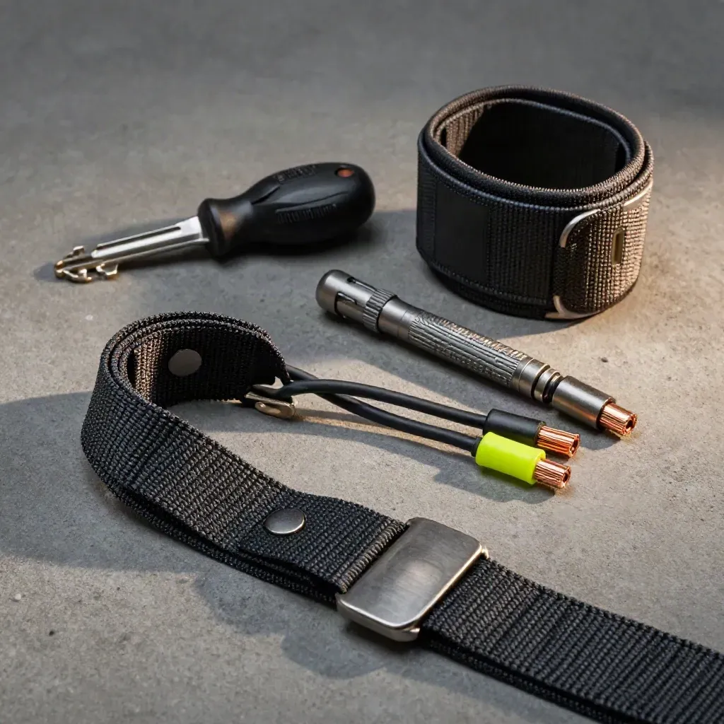 Top-down still life of an anti-static wrist strap, torx driver and cable ends on concrete.