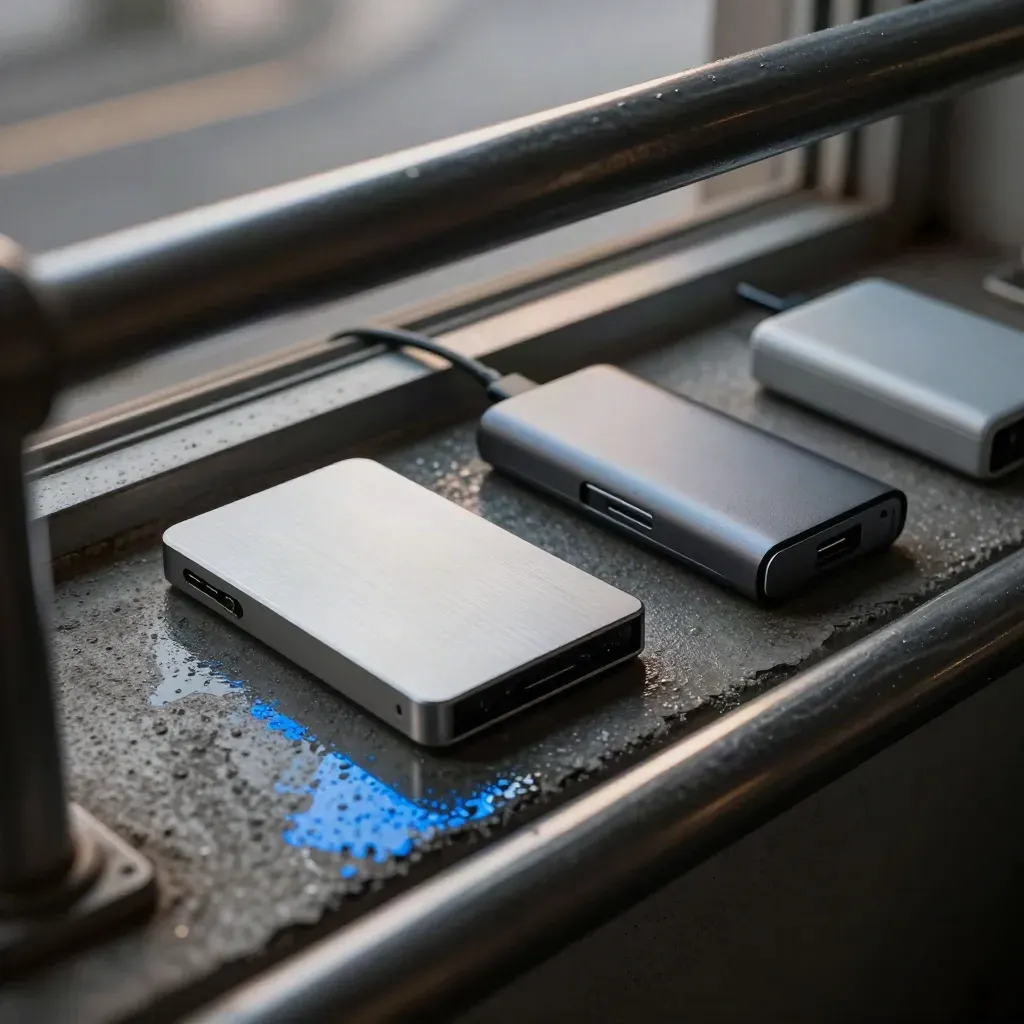 Portable SSD, USB-C hub, stand and power bank on a rain-damp concrete ledge behind a steel railing.