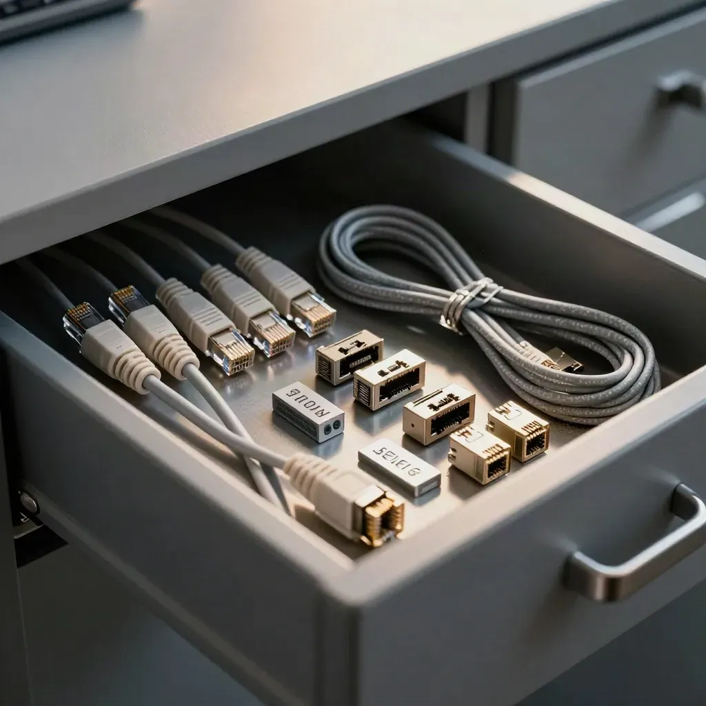 Neat cabinet drawer of ethernet leads, adapter pucks, and service tags in cool graphite light.