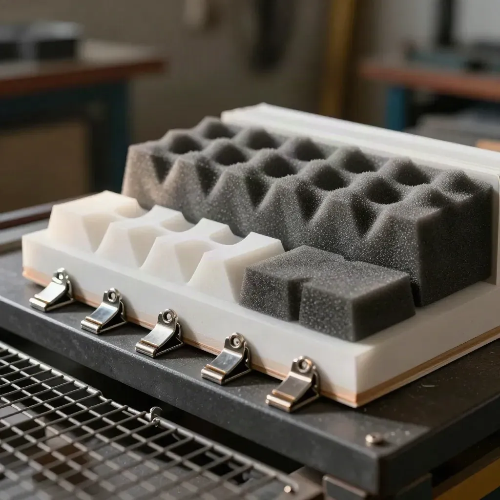 Foam prototype blocks, sample chips, and precision clips on a dark bench in workshop haze
