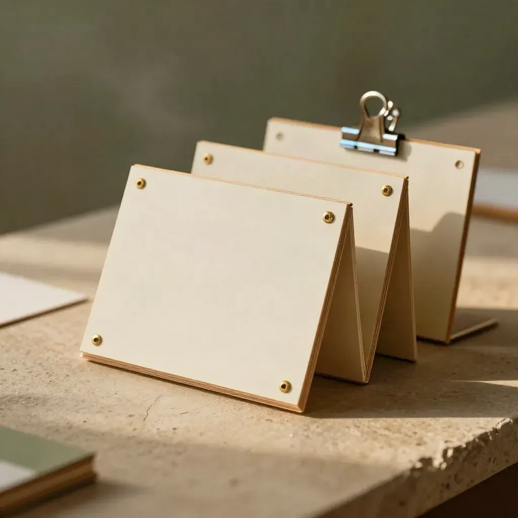 Macro still life of model panels, brass fasteners and a folder clip on a khaki bench.