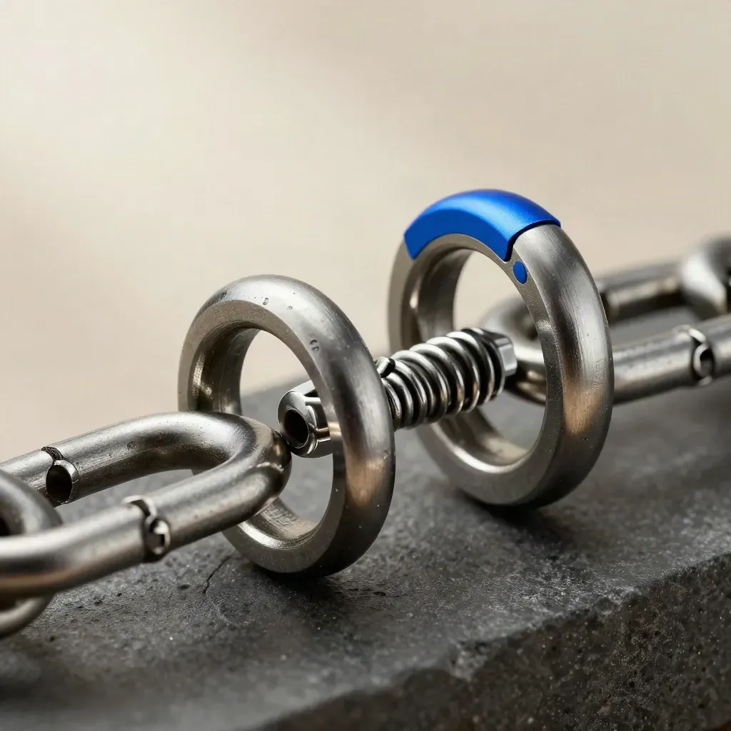 Macro still life of linked metal rings, cable coupler, and spring clip on stone.