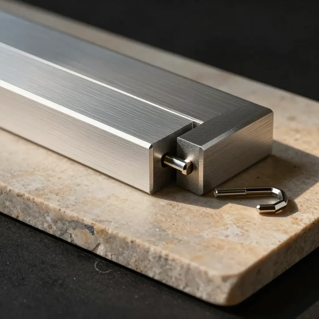 Dovetail aluminium blocks, pin, and hex key on limestone under dramatic top light.