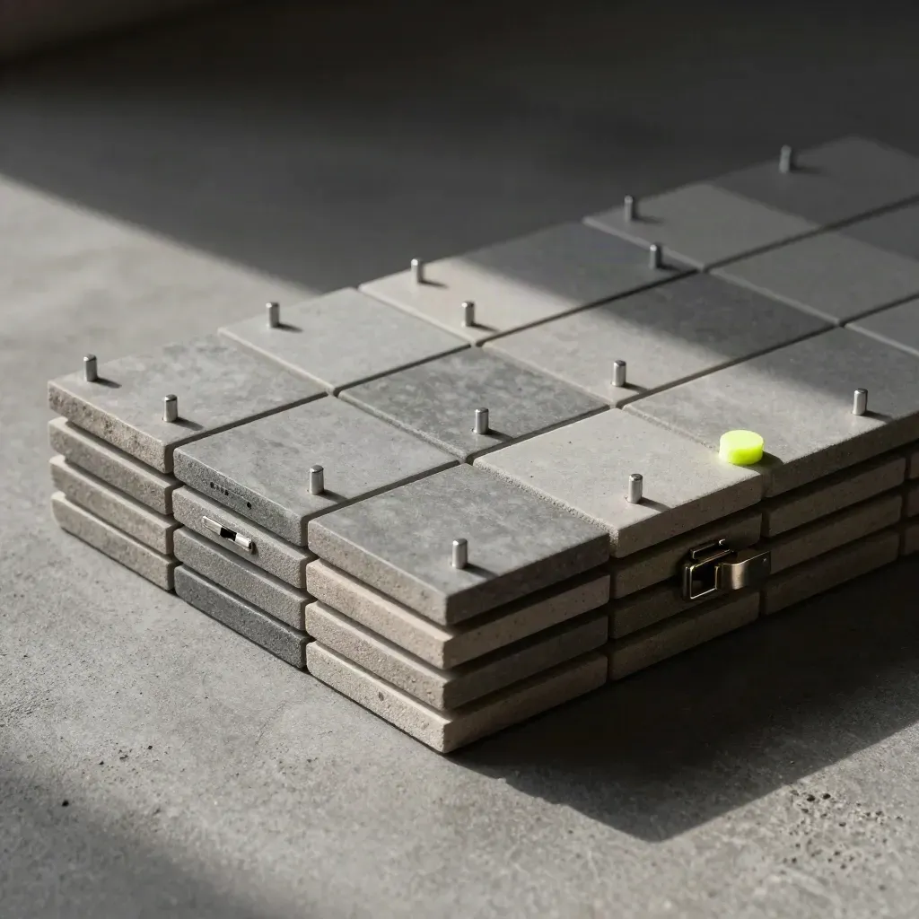 Stacked modular tiles with alignment pegs and a small latch on concrete.