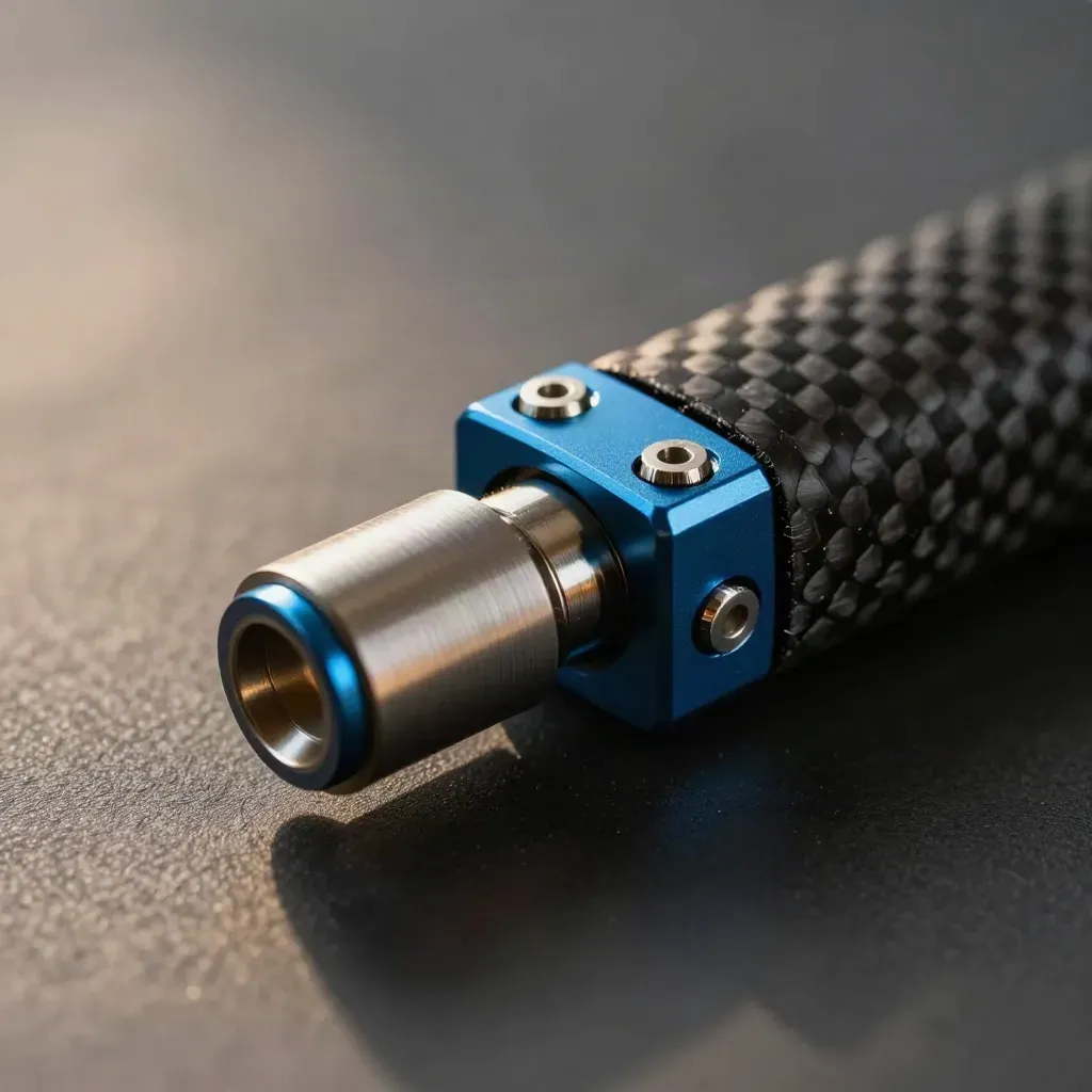 Extreme macro of a carbon-fibre brace locking into a polished connector with blue accent.