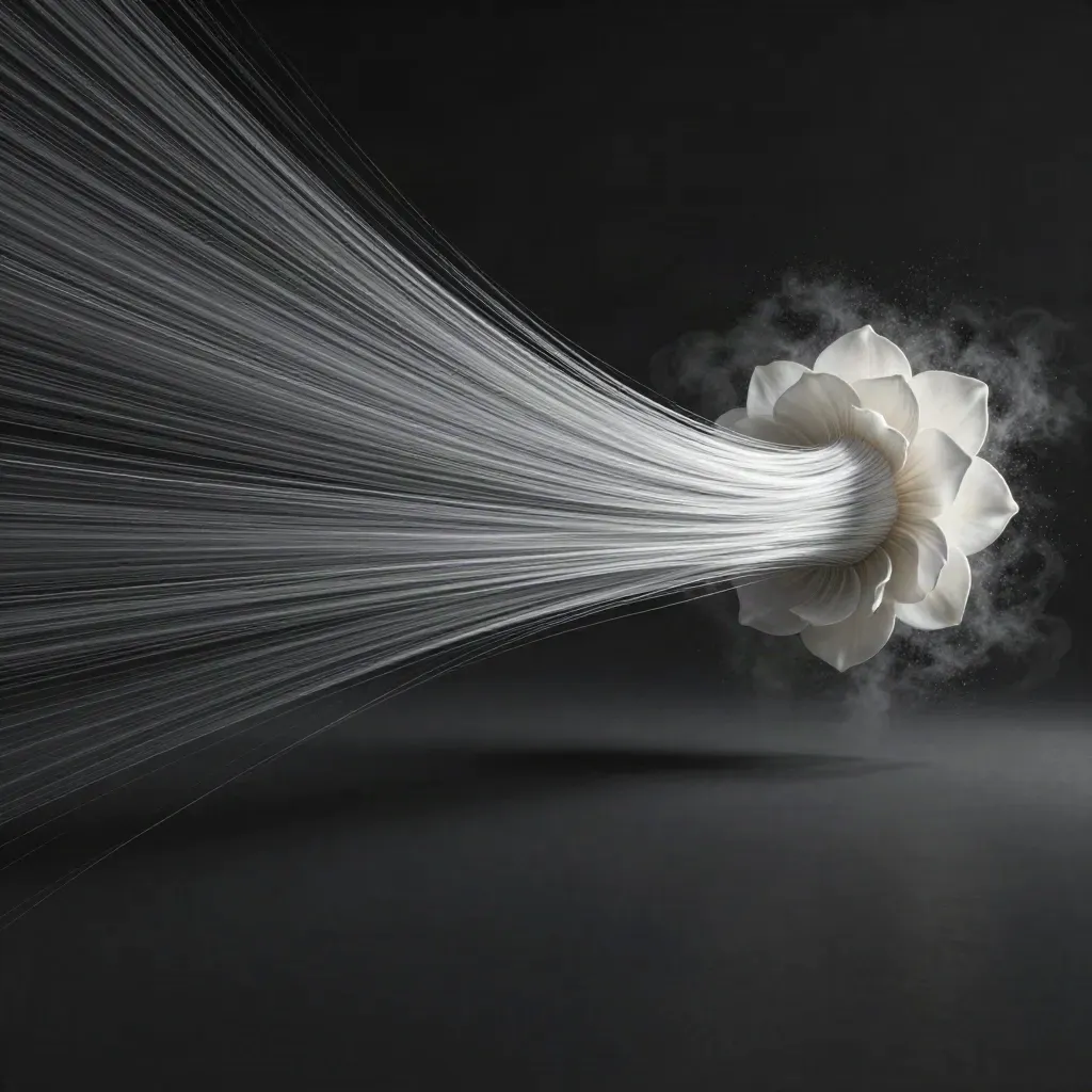 Silver filaments converge into a soft white bloom in dark graphite haze, with calm copy space.